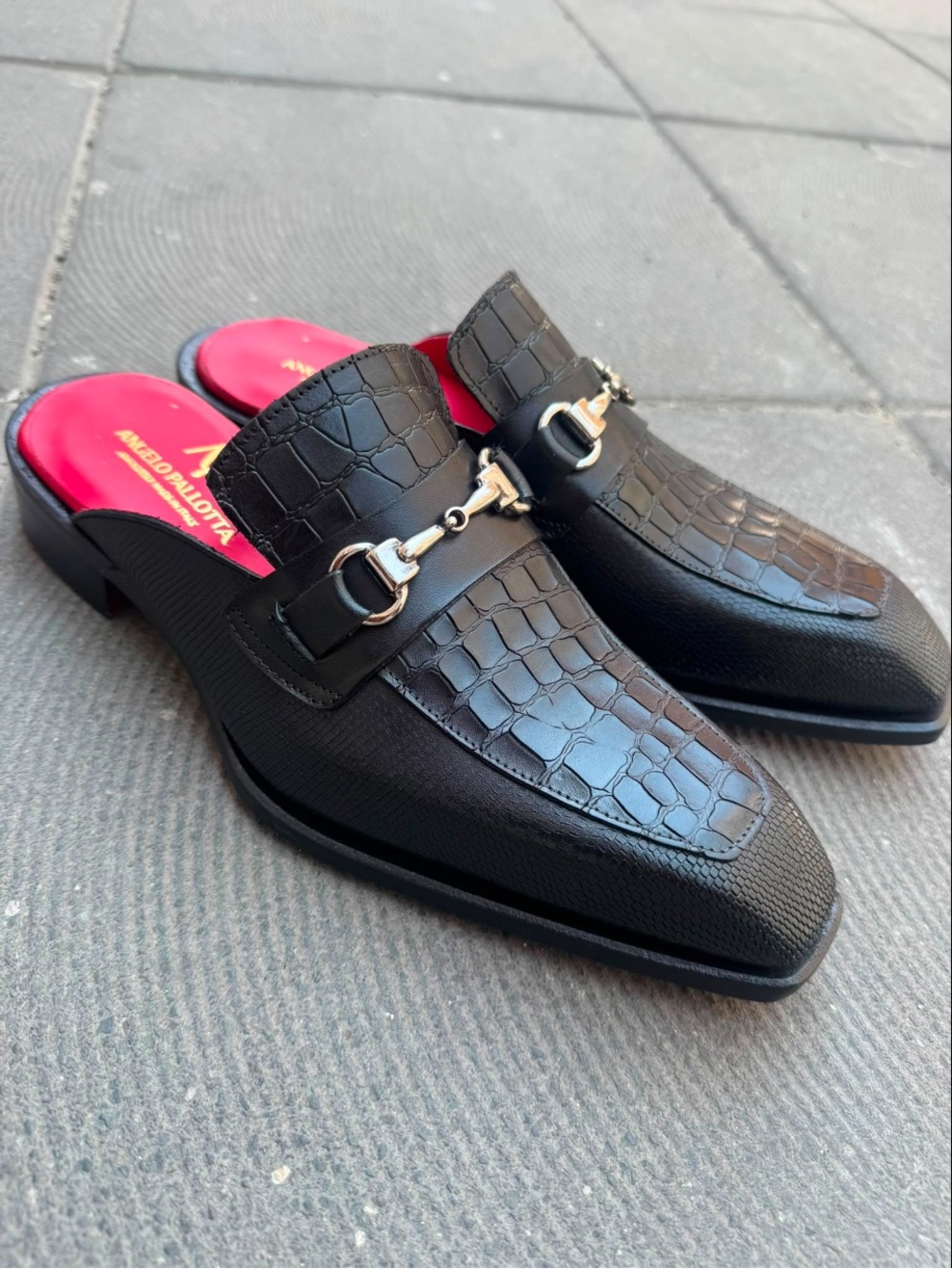 Men's Black Croc-Embossed Leather mule slip On Loafers